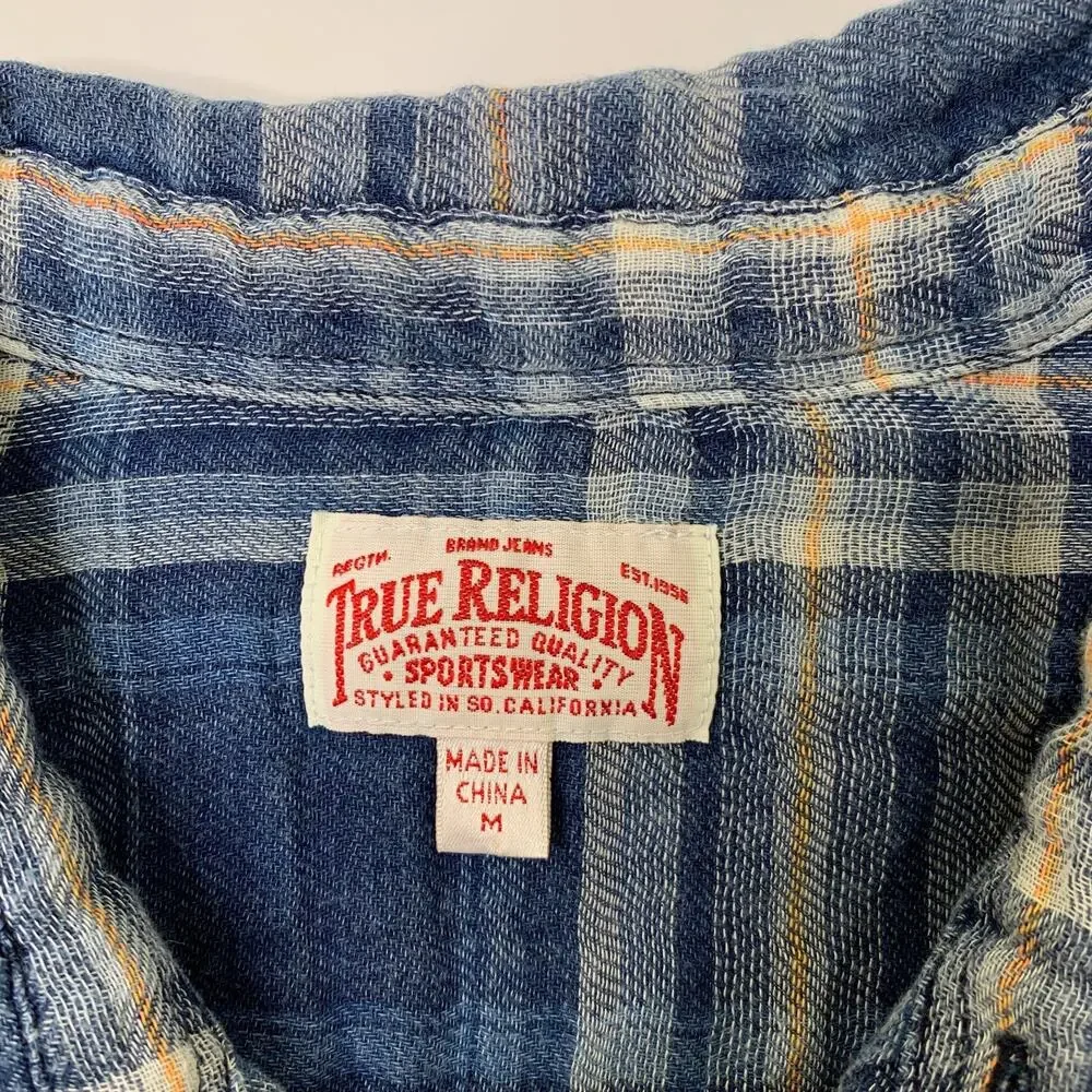 True Religion Shirt Mens M Medium Blue Western Woven Plaid Flannel Shirttail Hem